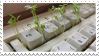a stamp with mechanical keyboard with saplings growing between the keys