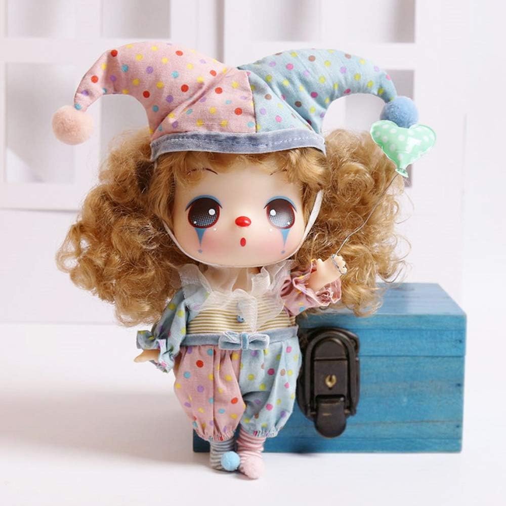 a photo of a birthday clown doll with medium curly dirty blonde hair and pastel blue and pink clown clothes
